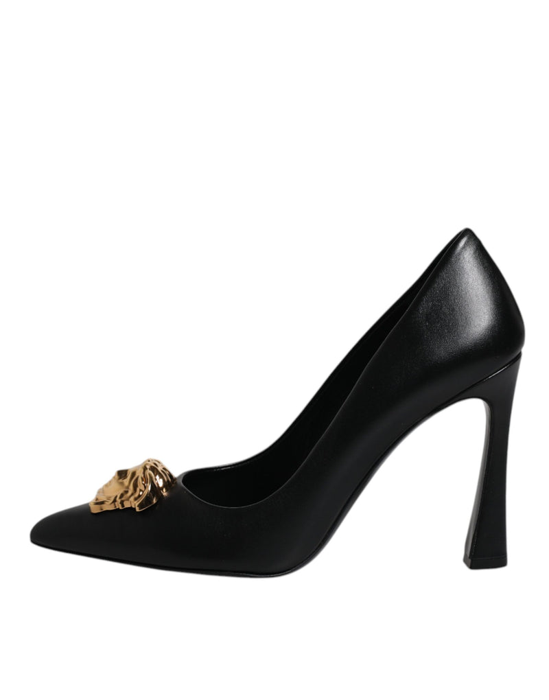 Versace Black Leather Logo Plaque High Heels Pumps