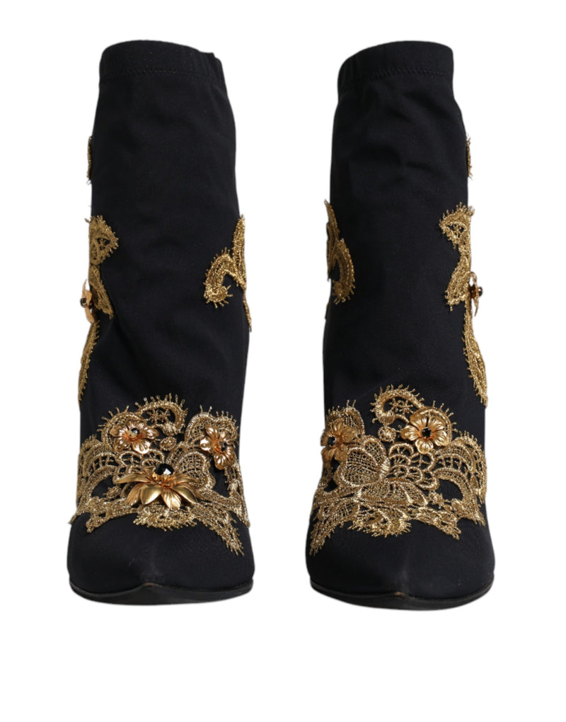 Dolce & Gabbana Black Gold Embroidery Slip On Boots