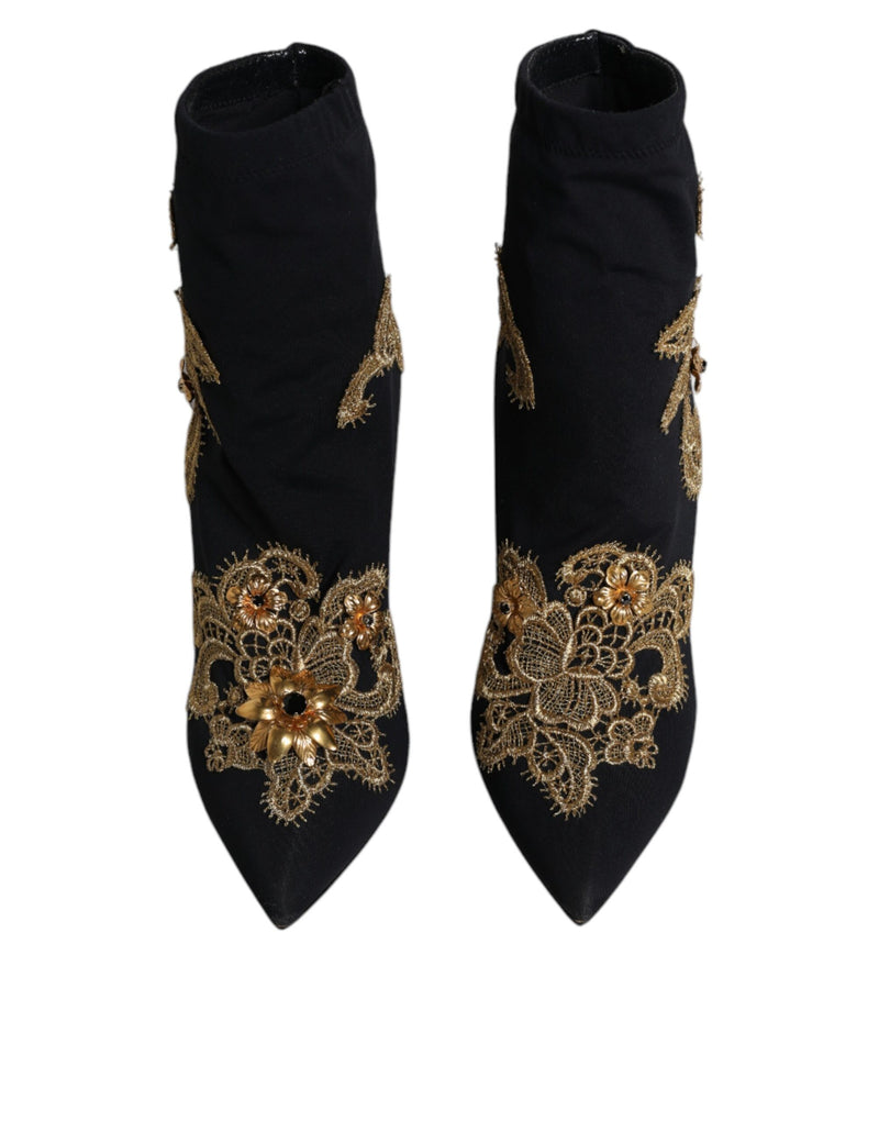 Dolce & Gabbana Black Gold Embroidery Slip On Boots