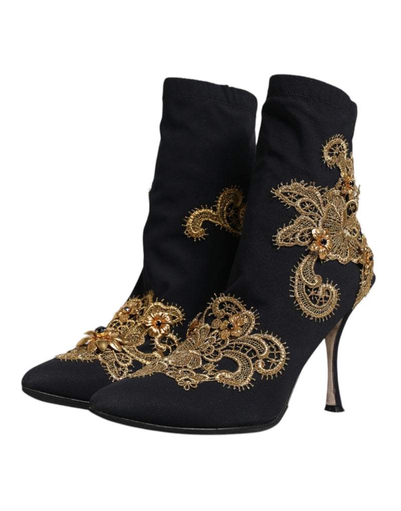 Dolce & Gabbana Black Gold Embroidery Slip On Boots