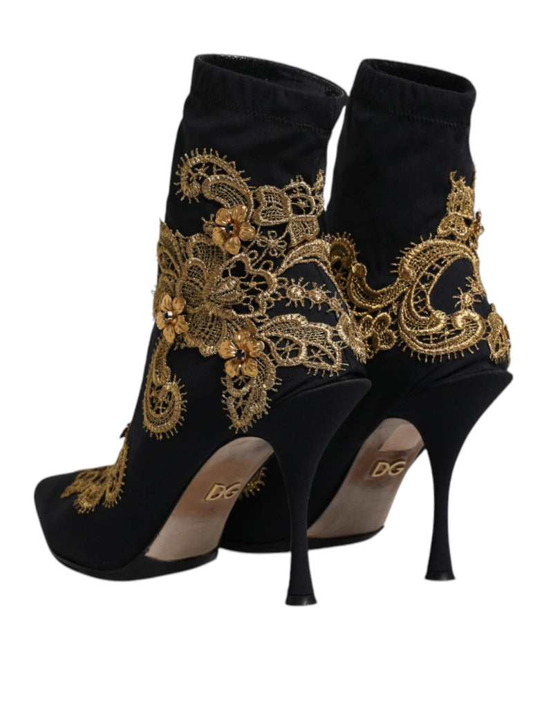 Dolce & Gabbana Black Gold Embroidery Slip On Boots