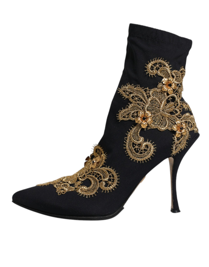 Dolce & Gabbana Black Gold Embroidery Slip On Boots