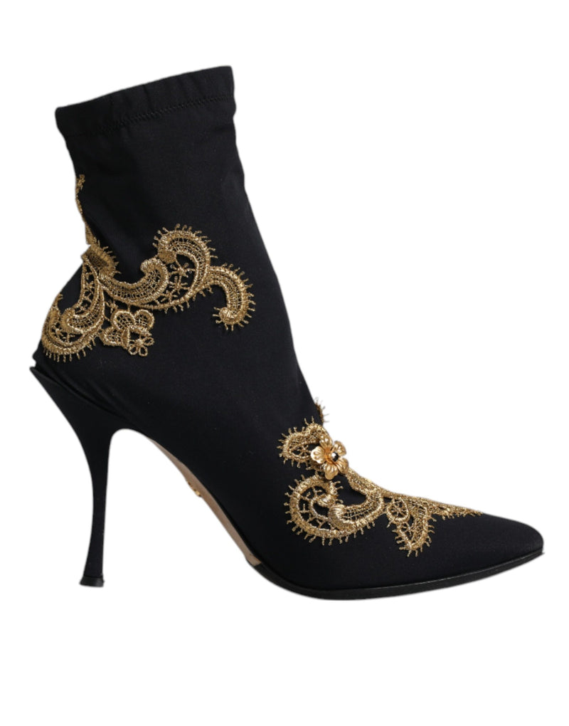 Dolce & Gabbana Black Gold Embroidery Slip On Boots