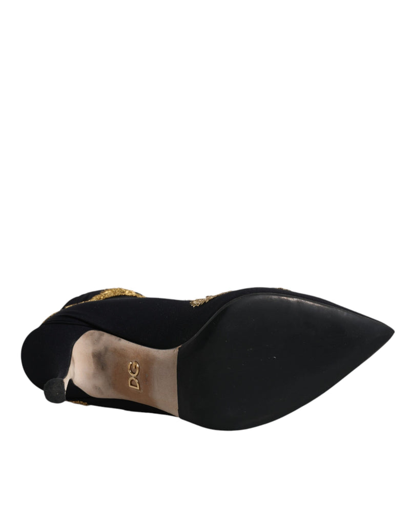 Dolce & Gabbana Black Gold Embroidery Slip On Boots