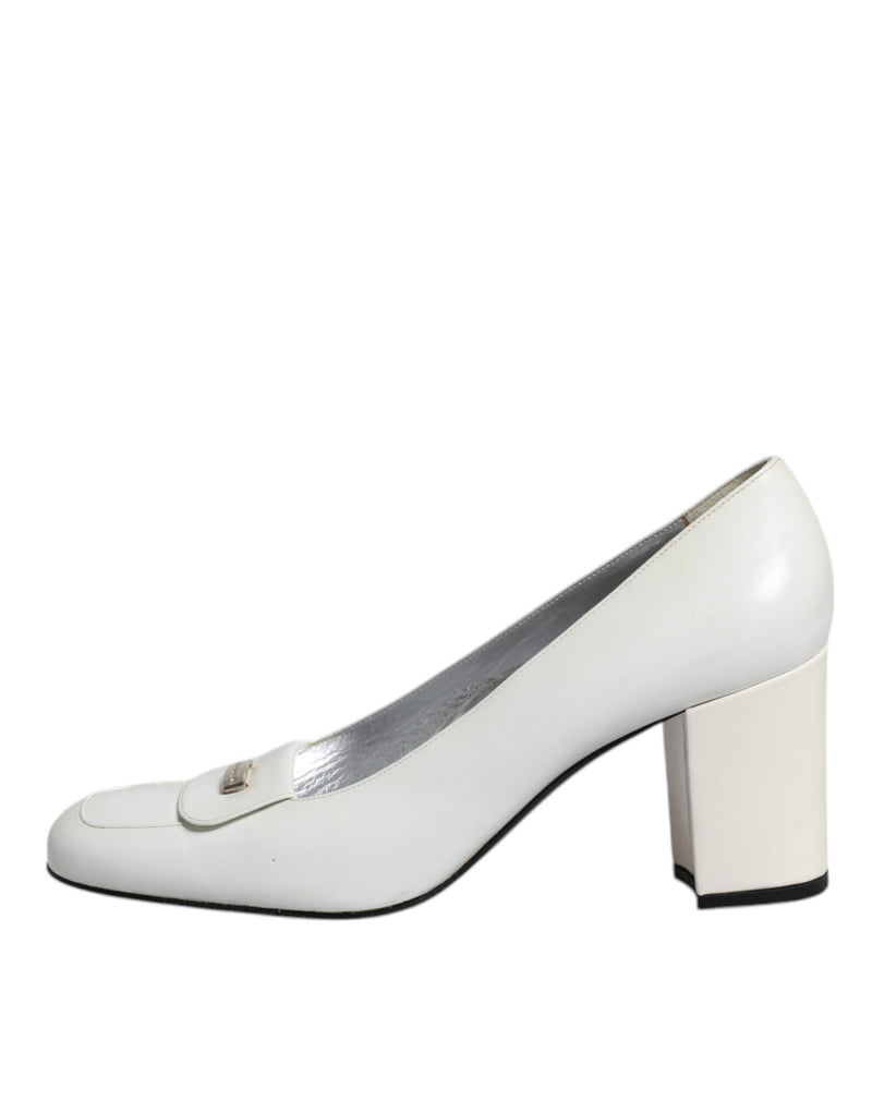 Dolce & Gabbana White Leather Block Heel Pumps