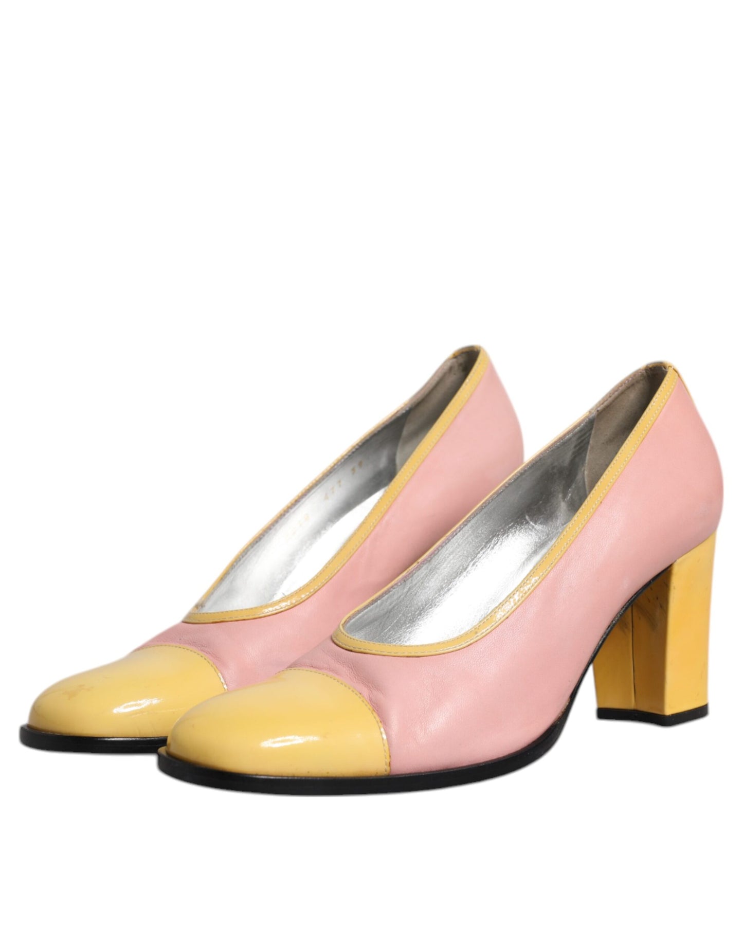 Dolce &amp; Gabbana roze en gele leren pumps met blokhak.