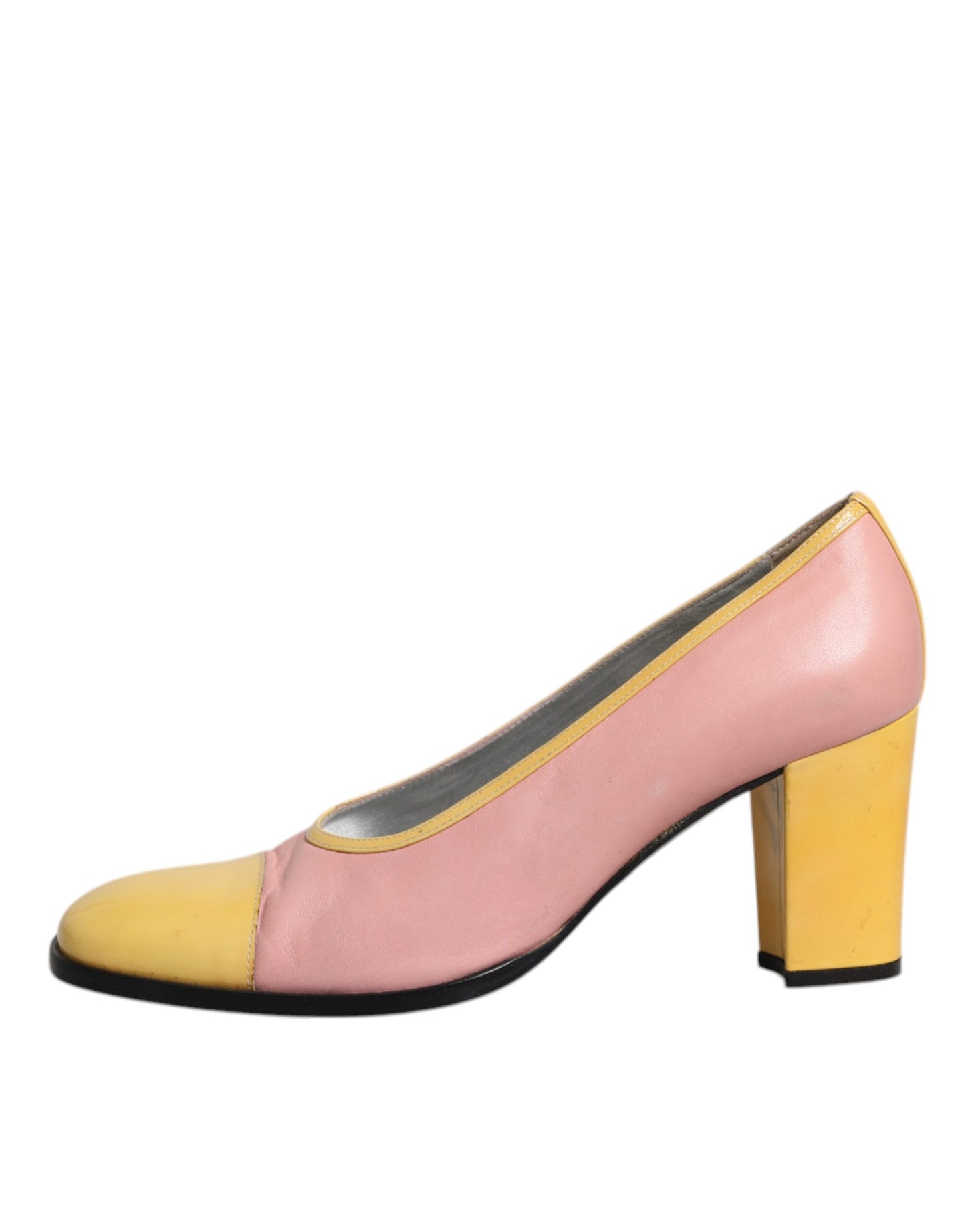 Dolce &amp; Gabbana roze en gele leren pumps met blokhak.