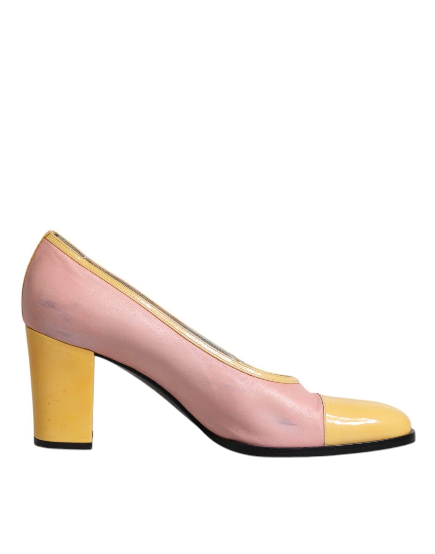Dolce &amp; Gabbana roze en gele leren pumps met blokhak.