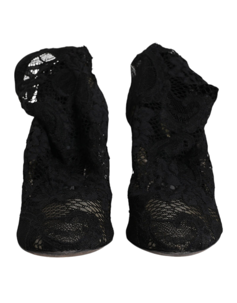 Dolce & Gabbana Black Lace Stretch Heels Mid Calf Boots