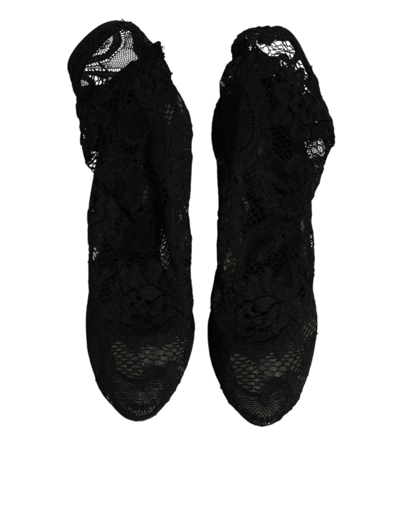 Dolce & Gabbana Black Lace Stretch Heels Mid Calf Boots