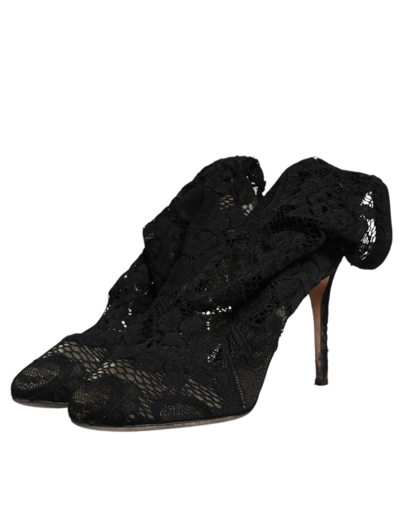 Dolce & Gabbana Black Lace Stretch Heels Mid Calf Boots