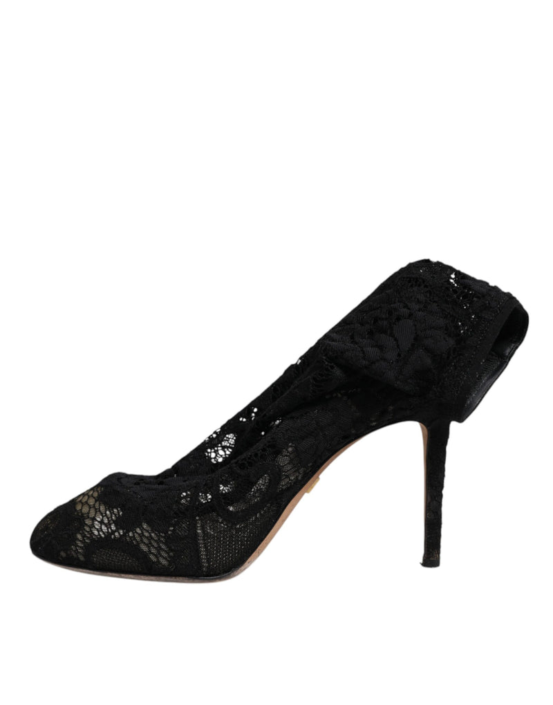 Dolce & Gabbana Black Lace Stretch Heels Mid Calf Boots