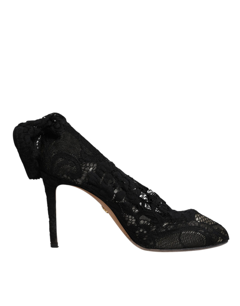 Dolce & Gabbana Black Lace Stretch Heels Mid Calf Boots