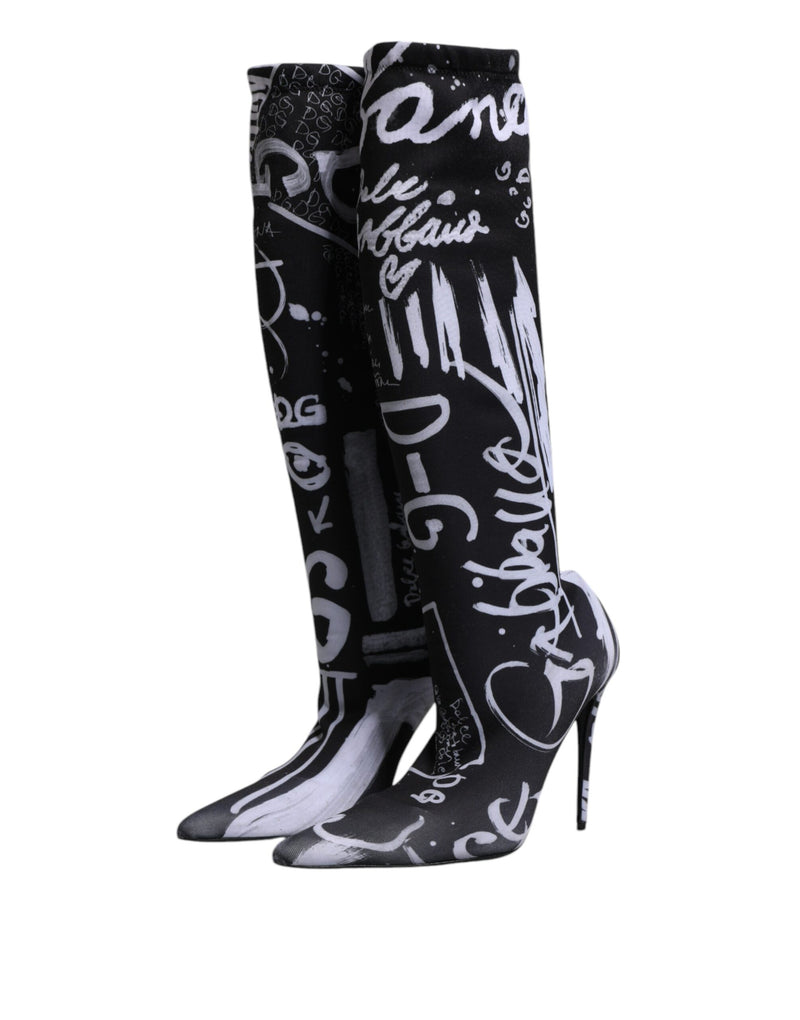 Dolce & Gabbana Black Logo Stretch Heels High Boots