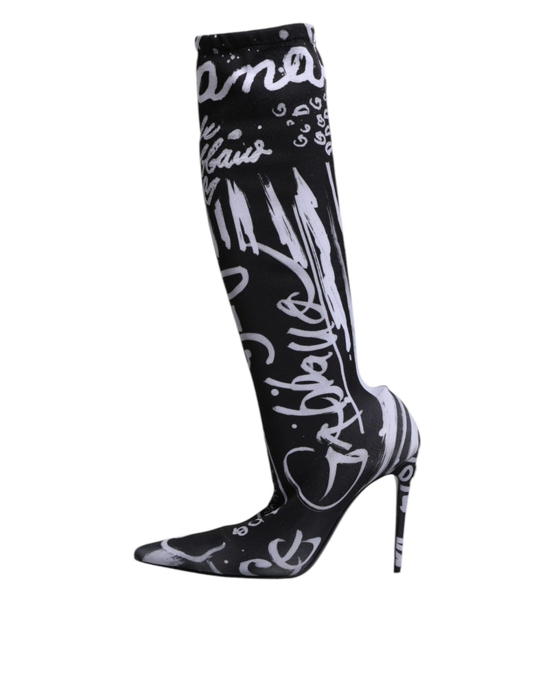 Dolce & Gabbana Black Logo Stretch Heels High Boots