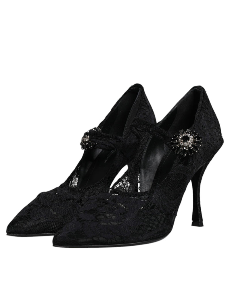 Dolce & Gabbana Black Lace Crystals Mary Jane Pumps
