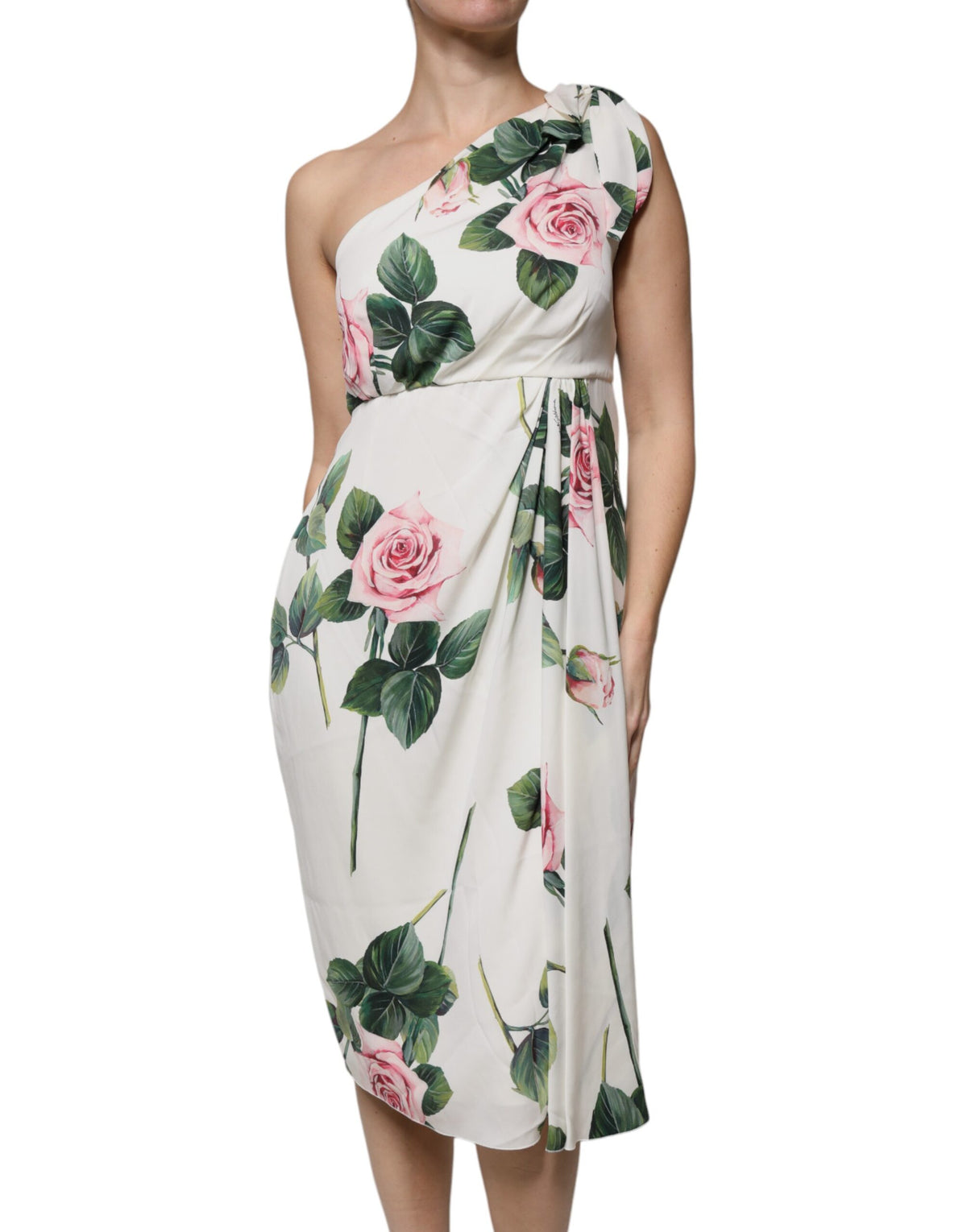 Dolce & Gabbana Robe Midi en Soie Blanche à Fleurs à Épaule Unique