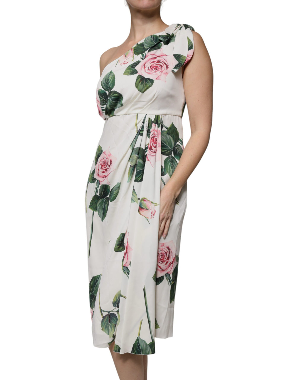 Dolce & Gabbana Robe Midi en Soie Blanche à Fleurs à Épaule Unique