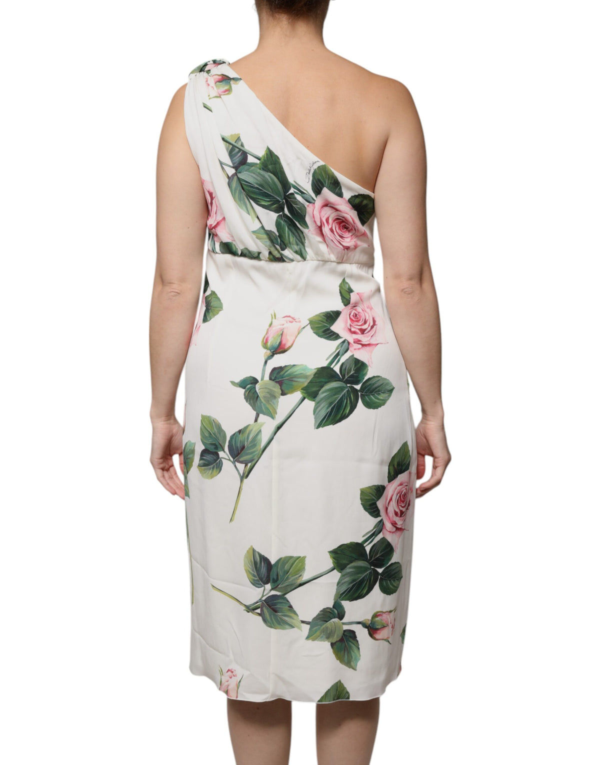 Dolce & Gabbana Robe Midi en Soie Blanche à Fleurs à Épaule Unique