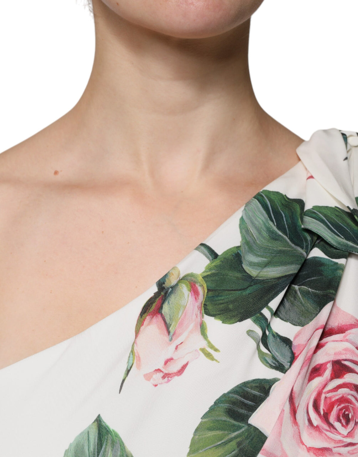 Dolce & Gabbana Robe Midi en Soie Blanche à Fleurs à Épaule Unique
