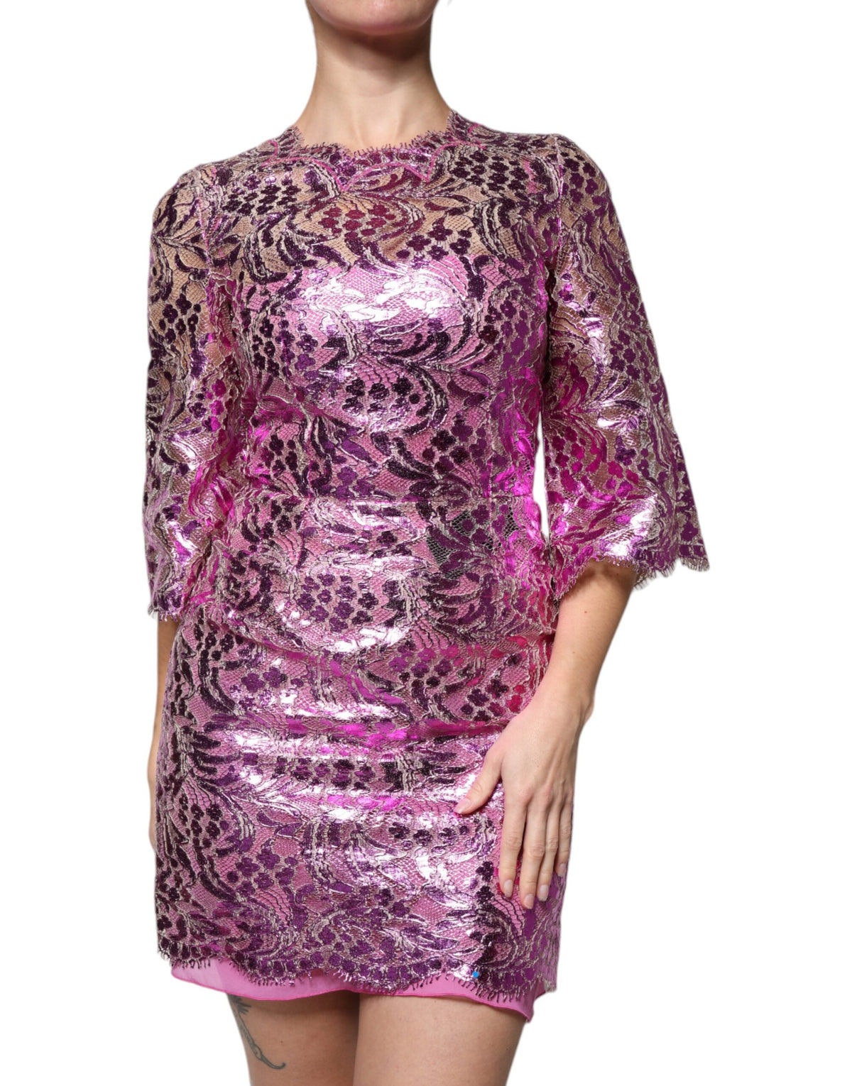 Robe Mini Fuchsia Métallique à Fleurs Dolce & Gabbana