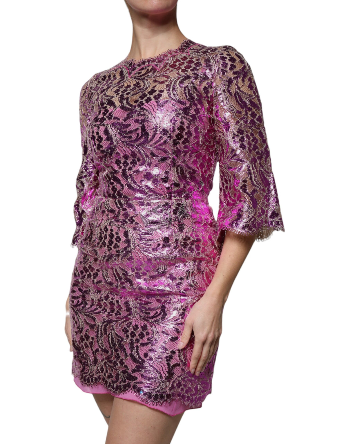Robe Mini Fuchsia Métallique à Fleurs Dolce & Gabbana