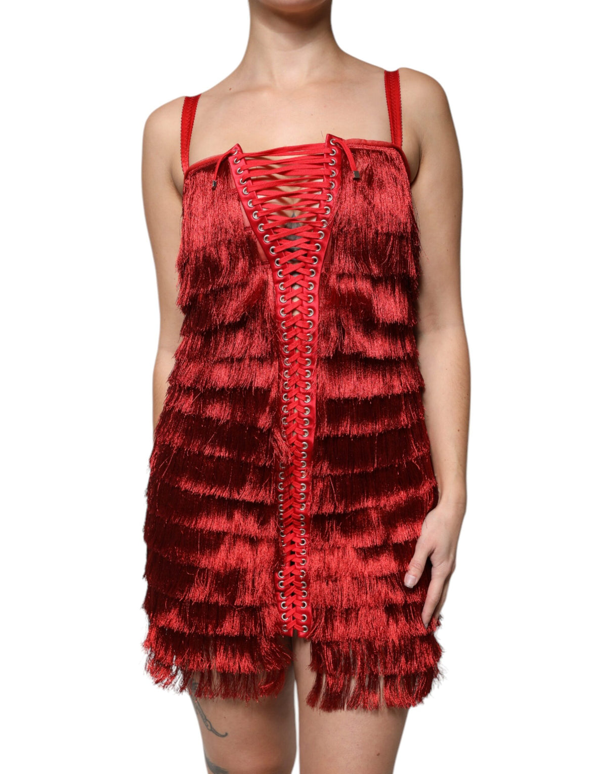 Dolce & Gabbana Robe Mini Sans Manches en Dentelle Rouge