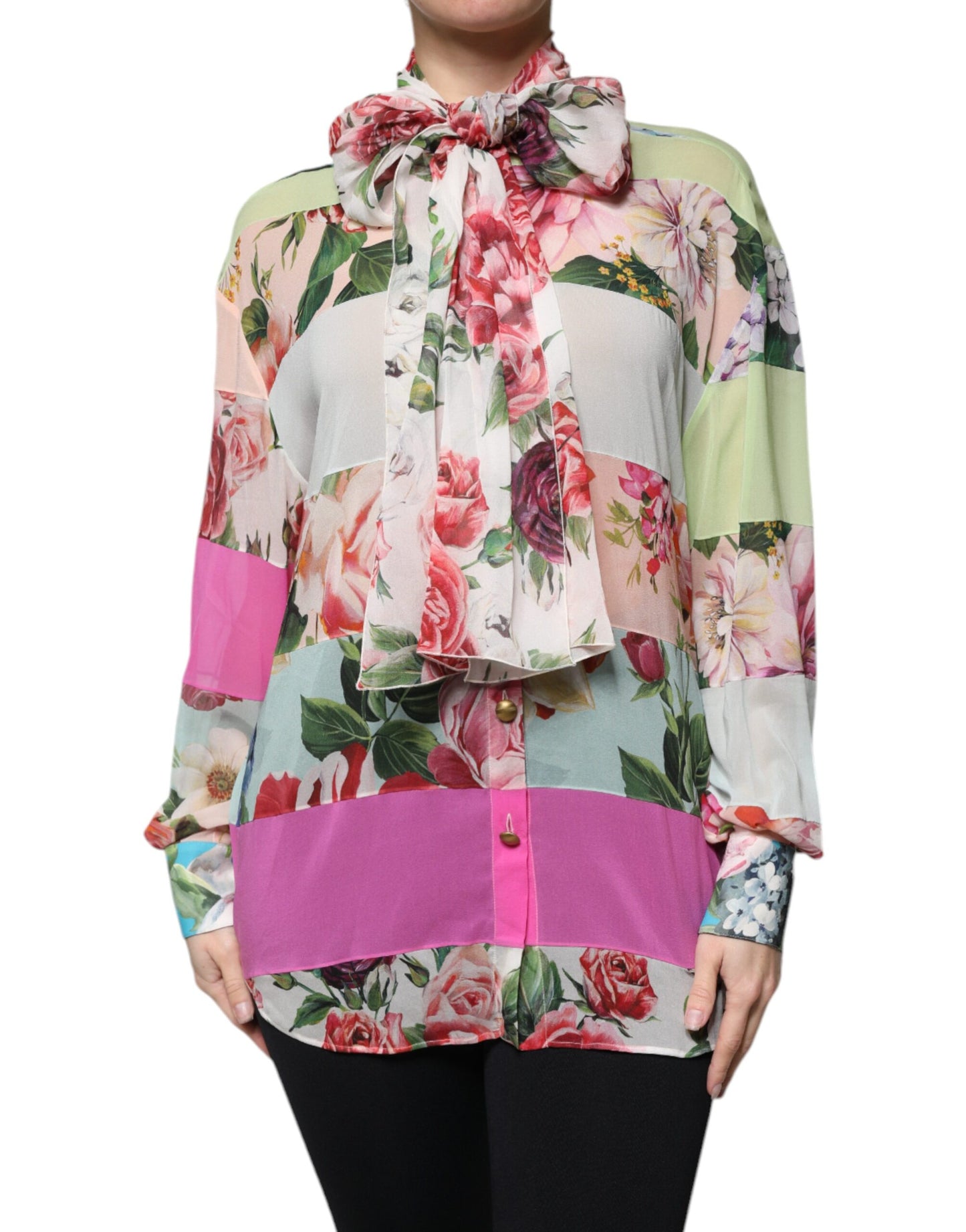 Dolce &amp; Gabbana bloemenprint top met patchwork en ascottkraag in verschillende kleuren