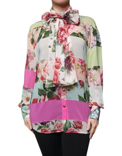 Dolce &amp; Gabbana bloemenprint top met patchwork en ascottkraag in verschillende kleuren
