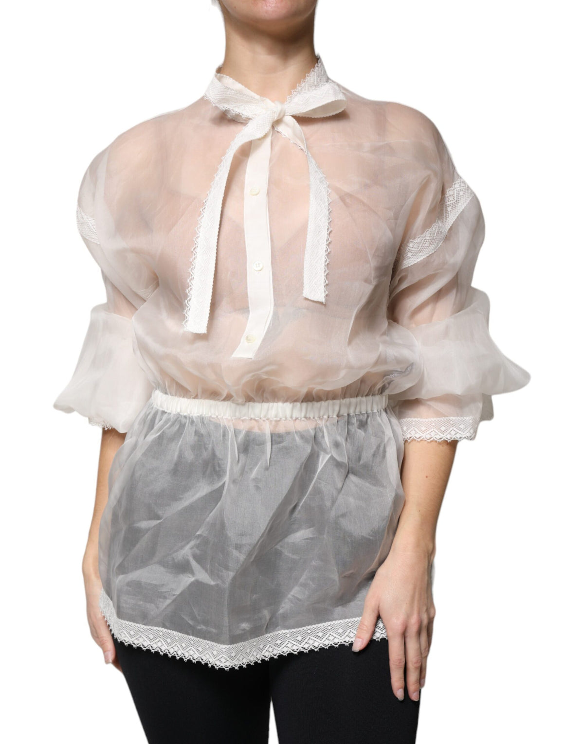 Dolce & Gabbana Blouse Top à Col Ascot Blanc à Manches Longues