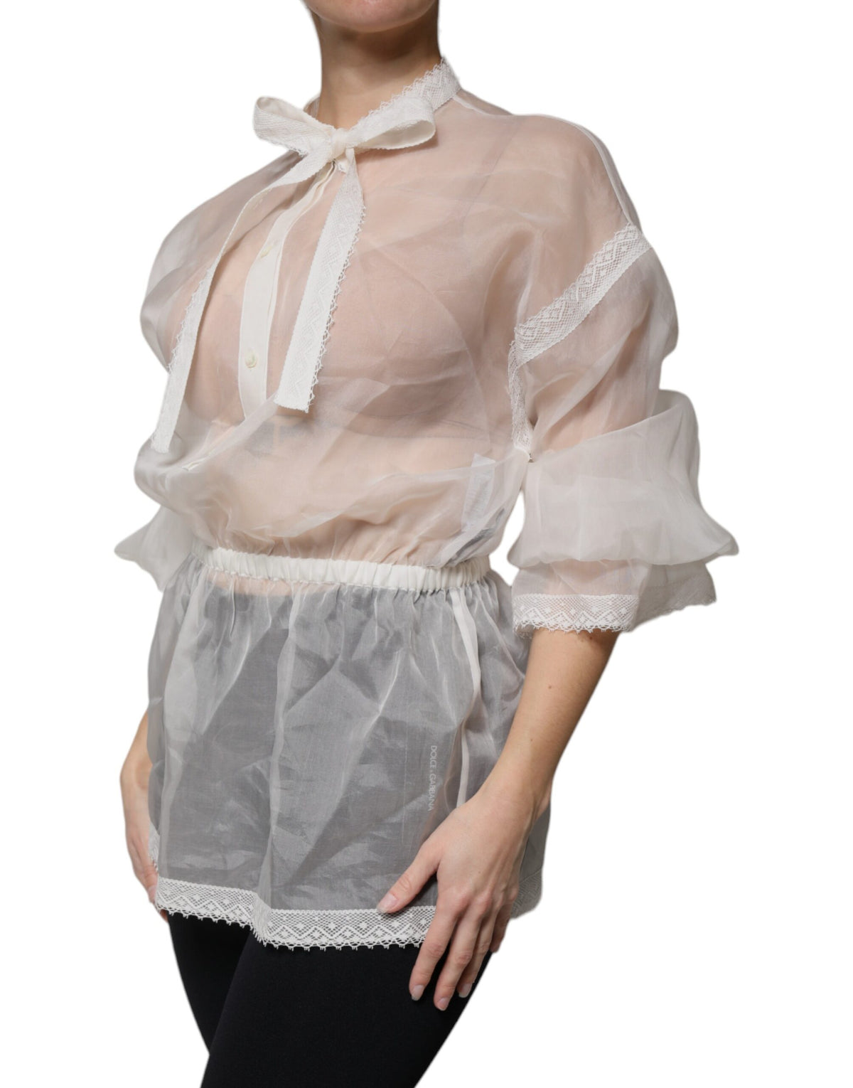 Dolce & Gabbana Blouse Top à Col Ascot Blanc à Manches Longues
