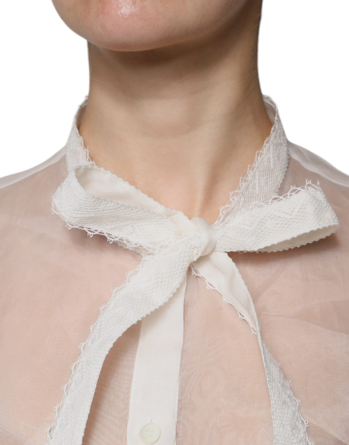 Dolce & Gabbana Blouse Top à Col Ascot Blanc à Manches Longues