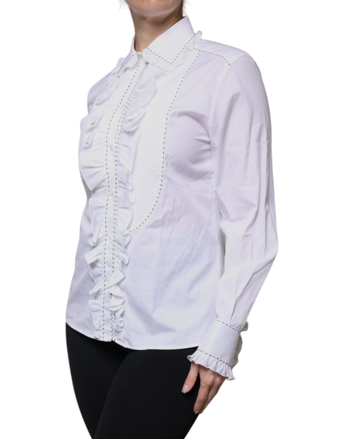 Dolce & Gabbana Top Femme en Coton Blanc à Manches Longues avec Col Volant
