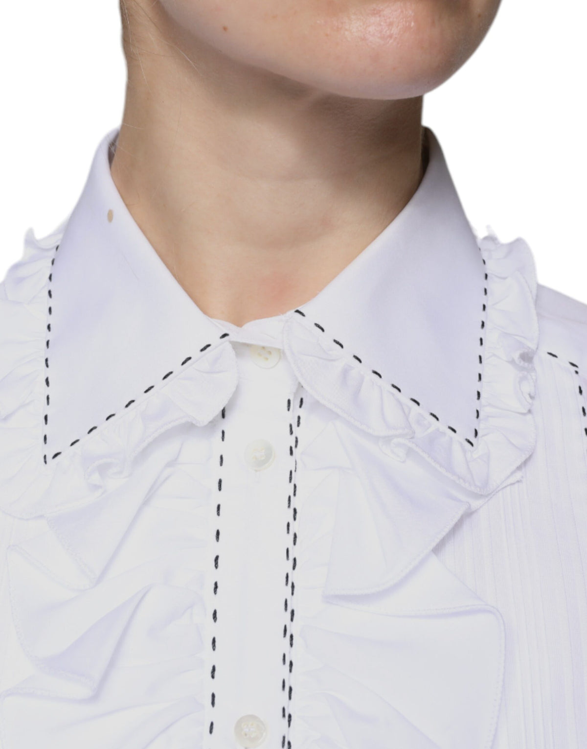 Dolce & Gabbana Top Femme en Coton Blanc à Manches Longues avec Col Volant
