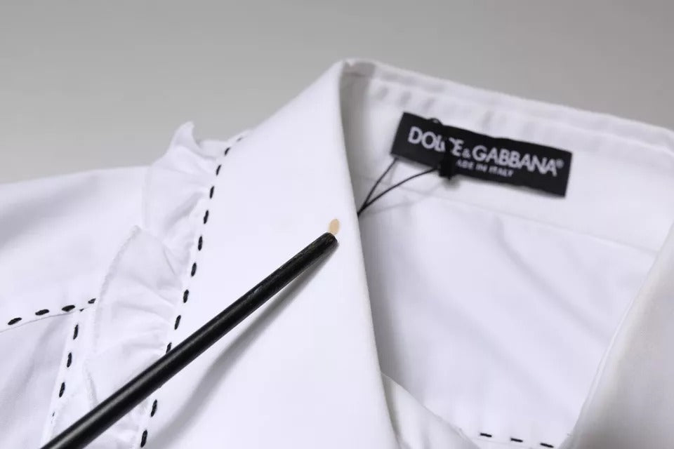Dolce & Gabbana Top Femme en Coton Blanc à Manches Longues avec Col Volant