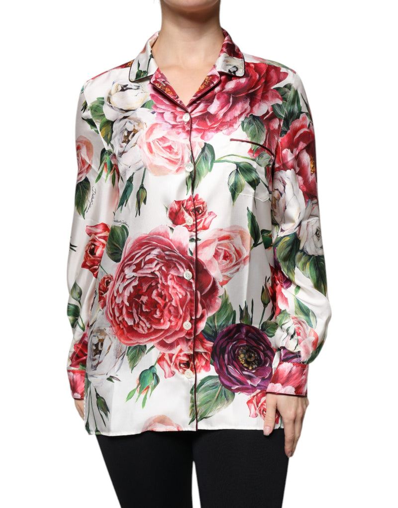 Dolce & Gabbana White Peony Silk Long Sleeves Collared Blouse