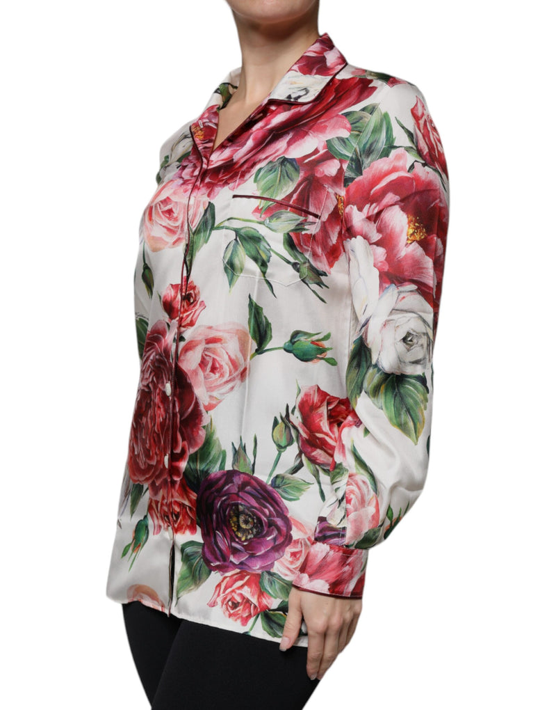 Dolce & Gabbana White Peony Silk Long Sleeves Collared Blouse