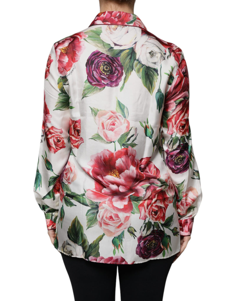Dolce & Gabbana White Peony Silk Long Sleeves Collared Blouse