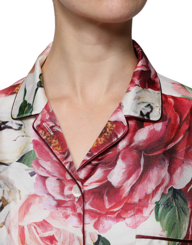 Dolce & Gabbana White Peony Silk Long Sleeves Collared Blouse