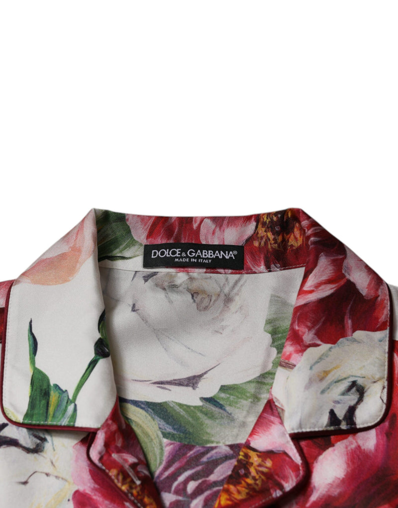 Dolce & Gabbana White Peony Silk Long Sleeves Collared Blouse