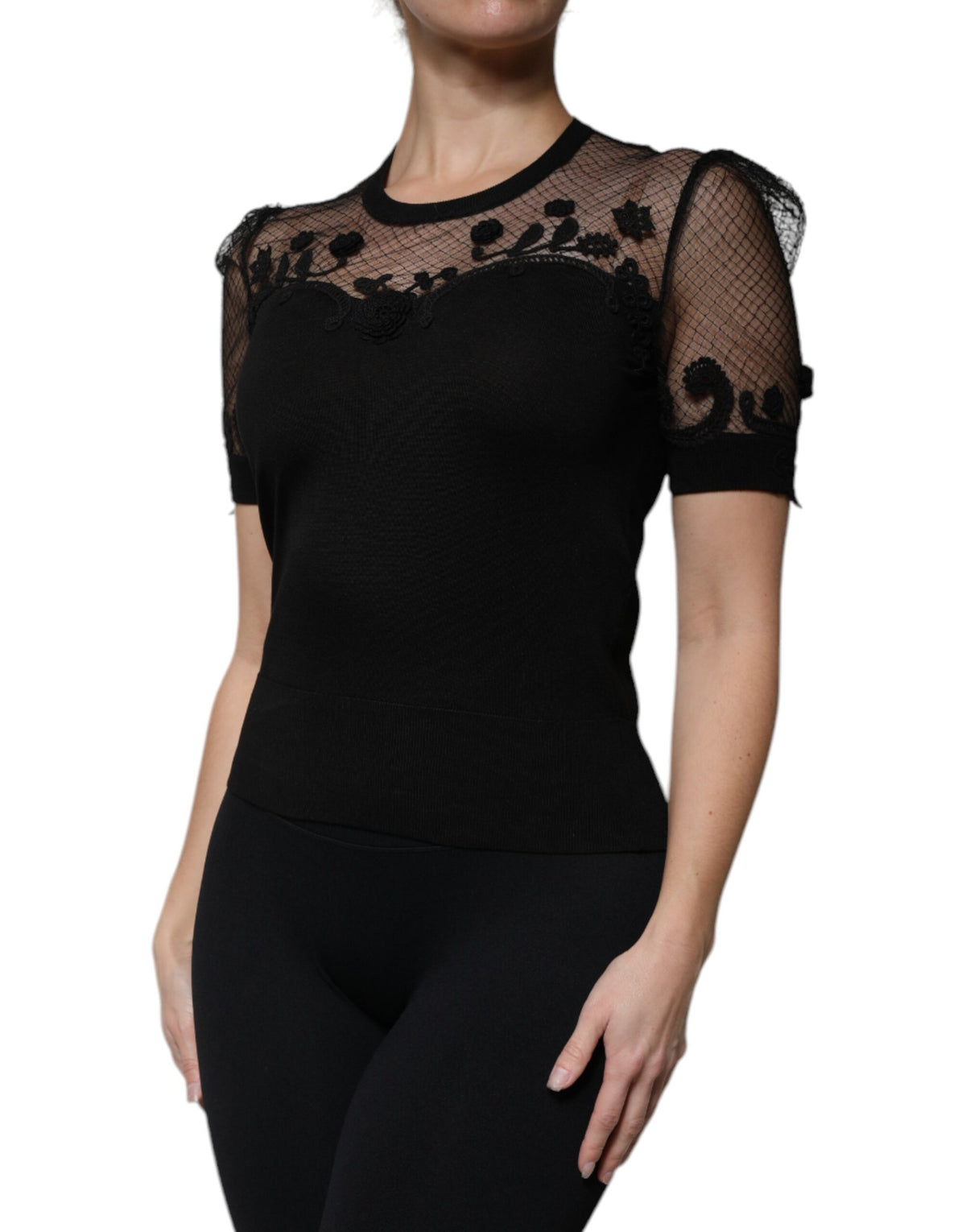 Dolce & Gabbana Blouse Top en Dentelle Florale Noire à Manches Courtes