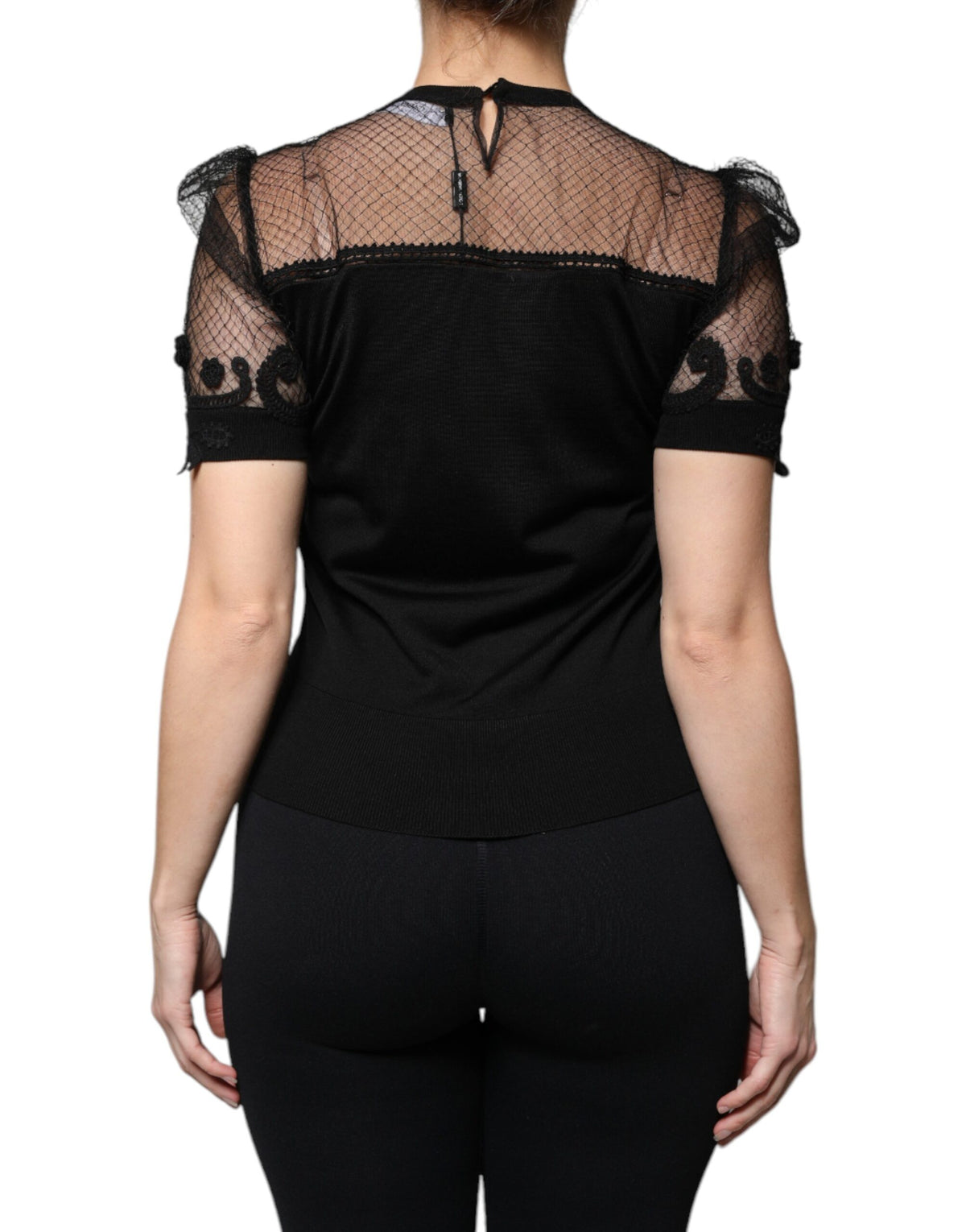 Dolce & Gabbana Blouse Top en Dentelle Florale Noire à Manches Courtes