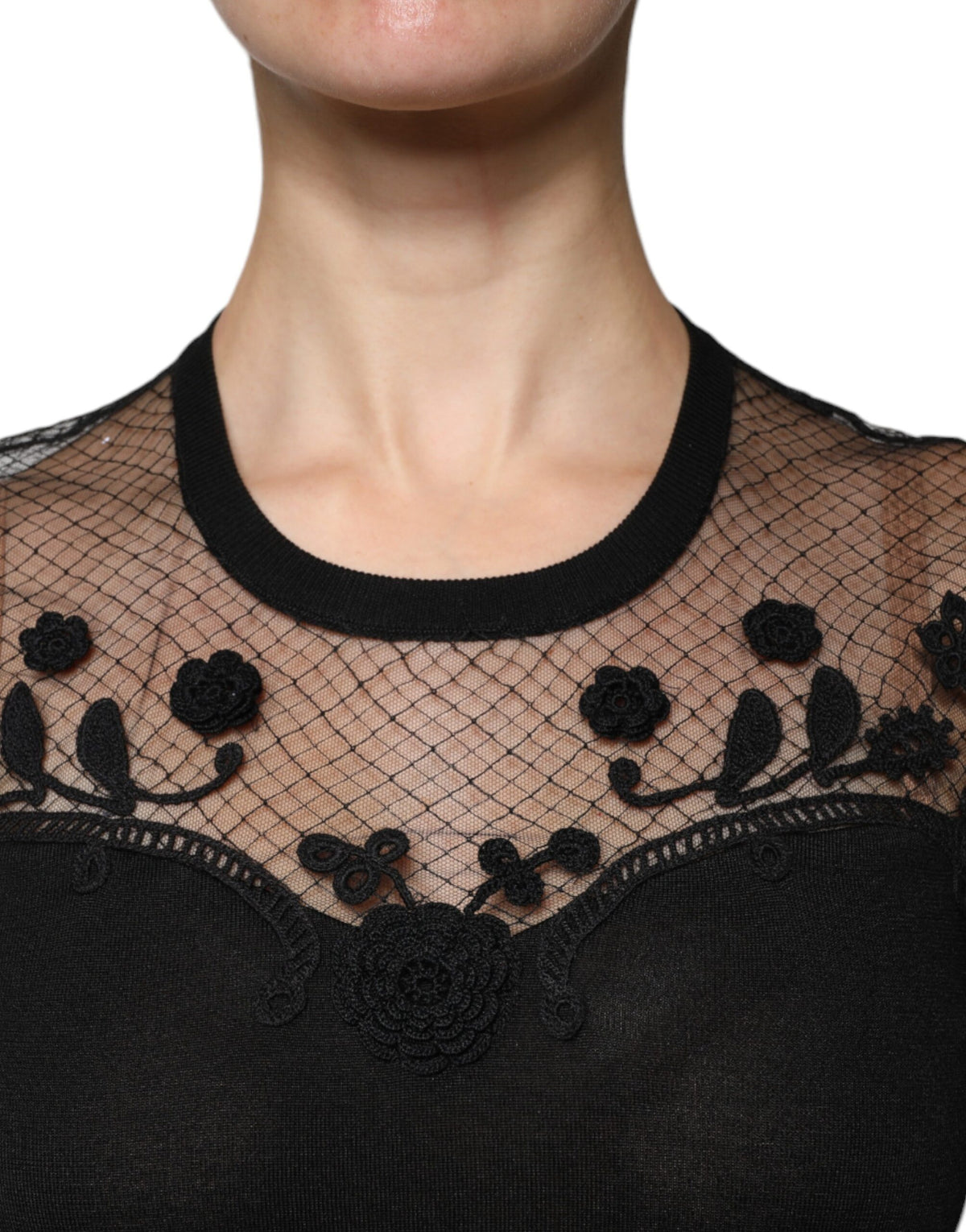 Dolce & Gabbana Blouse Top en Dentelle Florale Noire à Manches Courtes