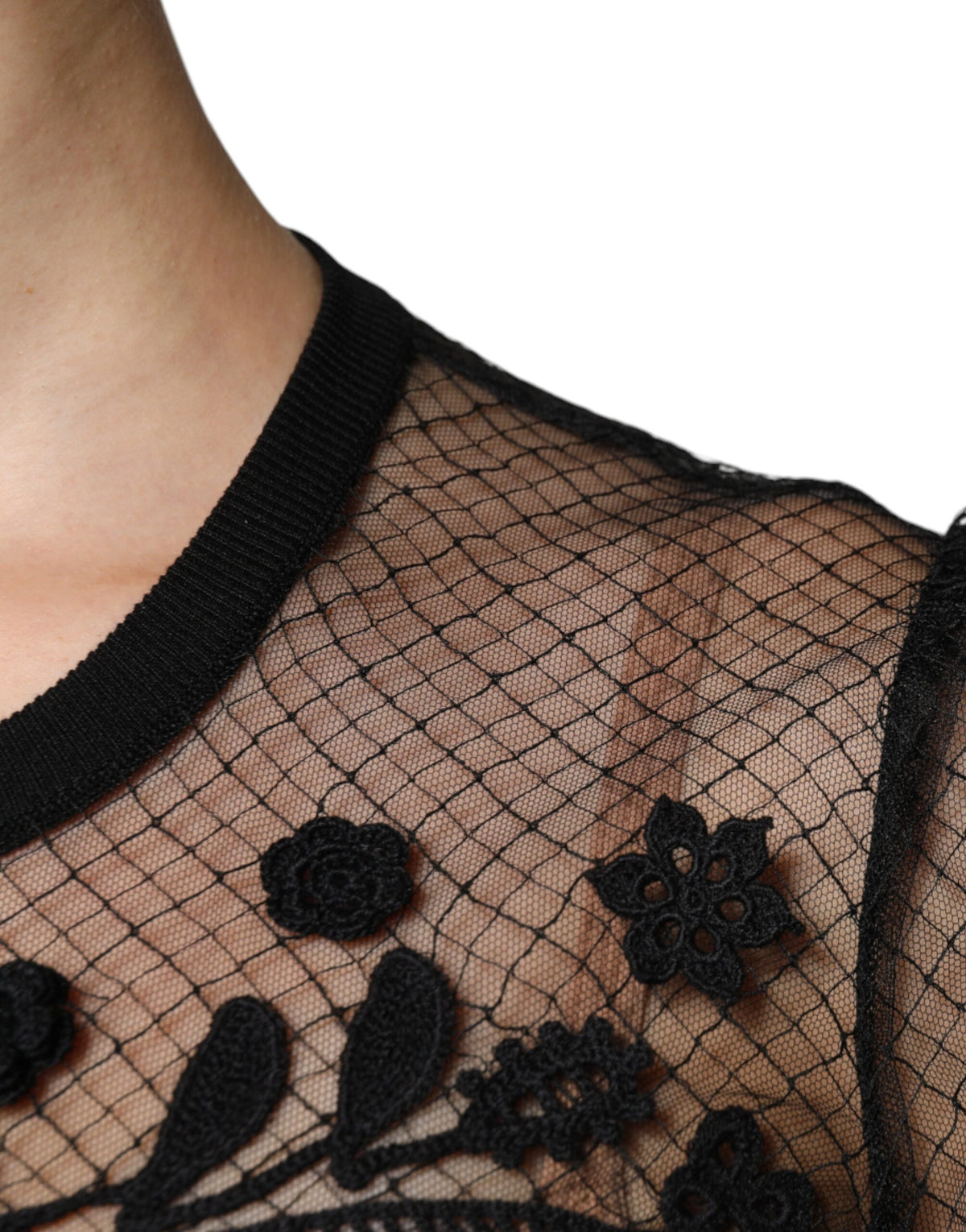 Dolce & Gabbana Blouse Top en Dentelle Florale Noire à Manches Courtes