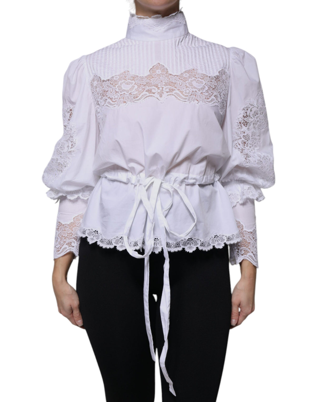 Dolce & Gabbana Blouse Turtleneck en Coton Blanc avec Dentelle