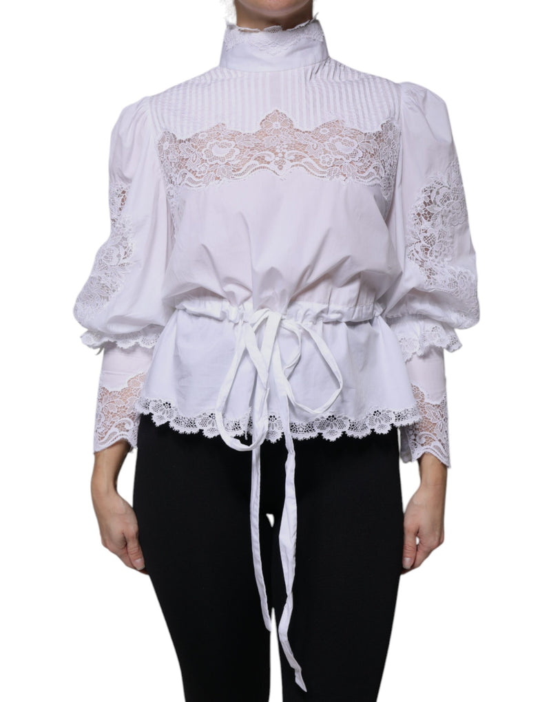 Dolce & Gabbana White Cotton Lace Trim Turtleneck Blouse
