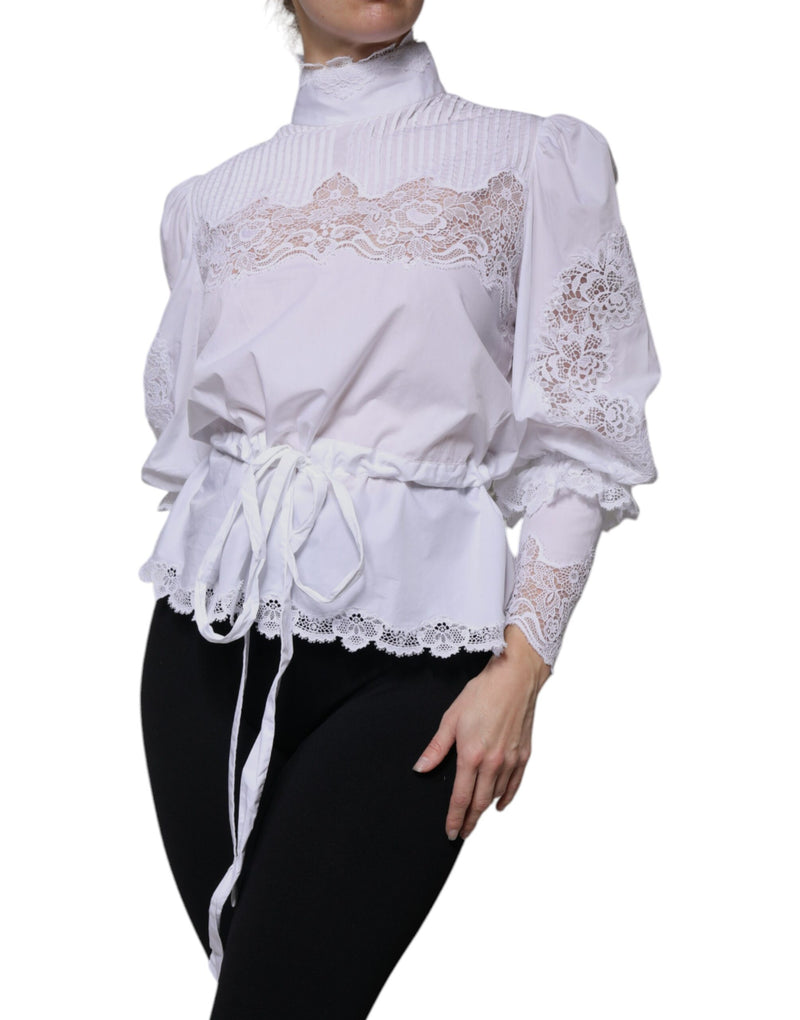 Dolce & Gabbana White Cotton Lace Trim Turtleneck Blouse