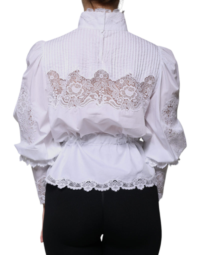 Dolce & Gabbana White Cotton Lace Trim Turtleneck Blouse