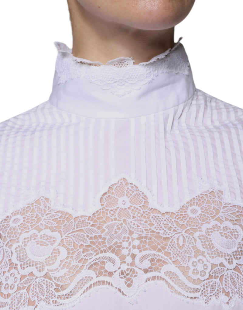 Dolce & Gabbana White Cotton Lace Trim Turtleneck Blouse