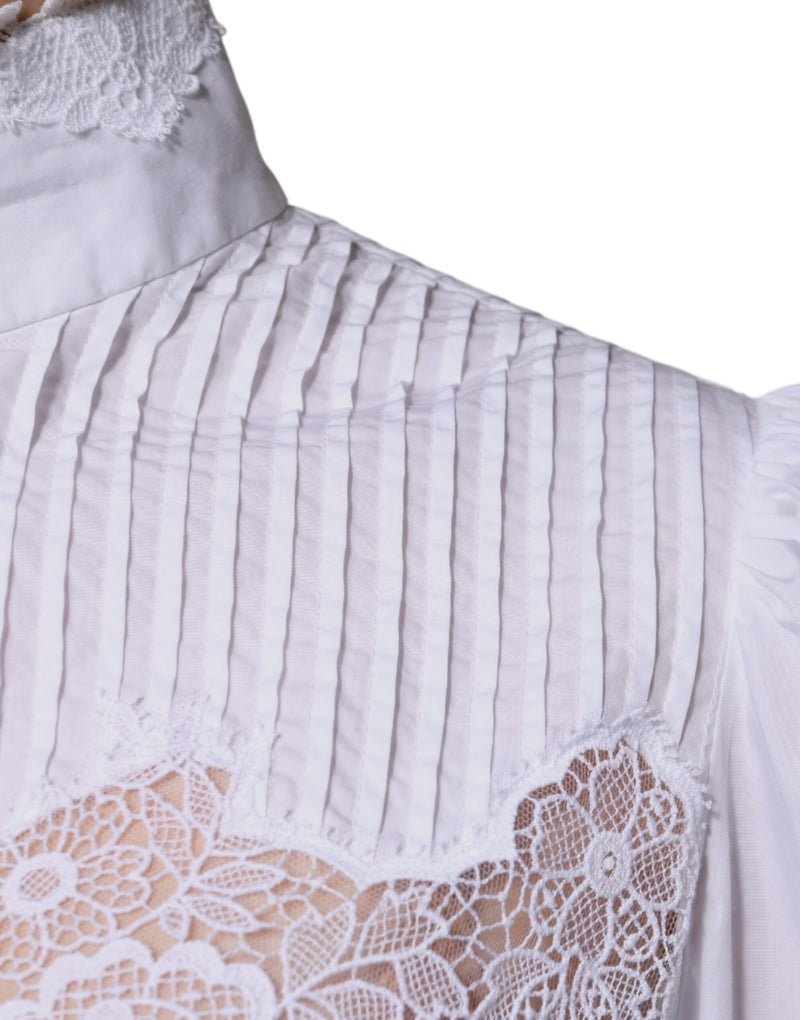 Dolce & Gabbana White Cotton Lace Trim Turtleneck Blouse